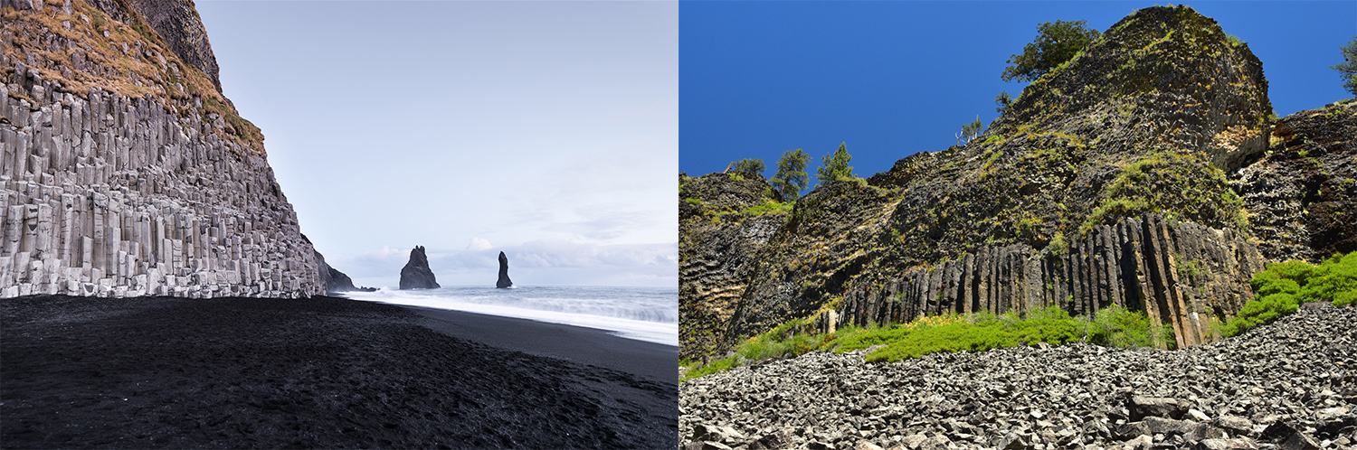 Mount Reynisfjall in Iceland from Shutterstock (left). Columns of the Giants in California by Ryan Hollister (right).