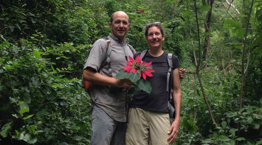 Stalking the Wild Poinsettia: Jim Faust & Emily Wood in a canyon of wild poinsettias (Euphorbia pulcherrima) in Jalisco, Mexico. Photo by Mark E. Olson