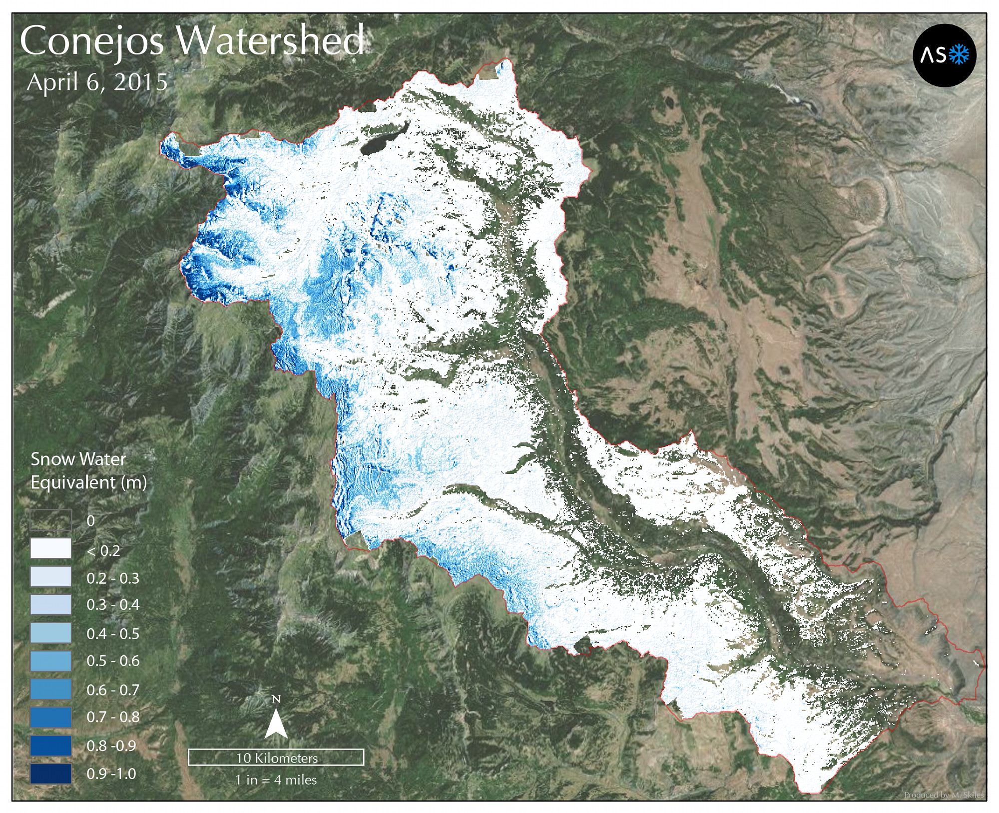 Snow water equivalent across the upper Conejos Watershed, located in south central Colorado and part of the headwaters for the Rio Grande, on April 6th, 2015. Image by Airborne Snow Observatory program, NASA/JPL, California Institute of Technology