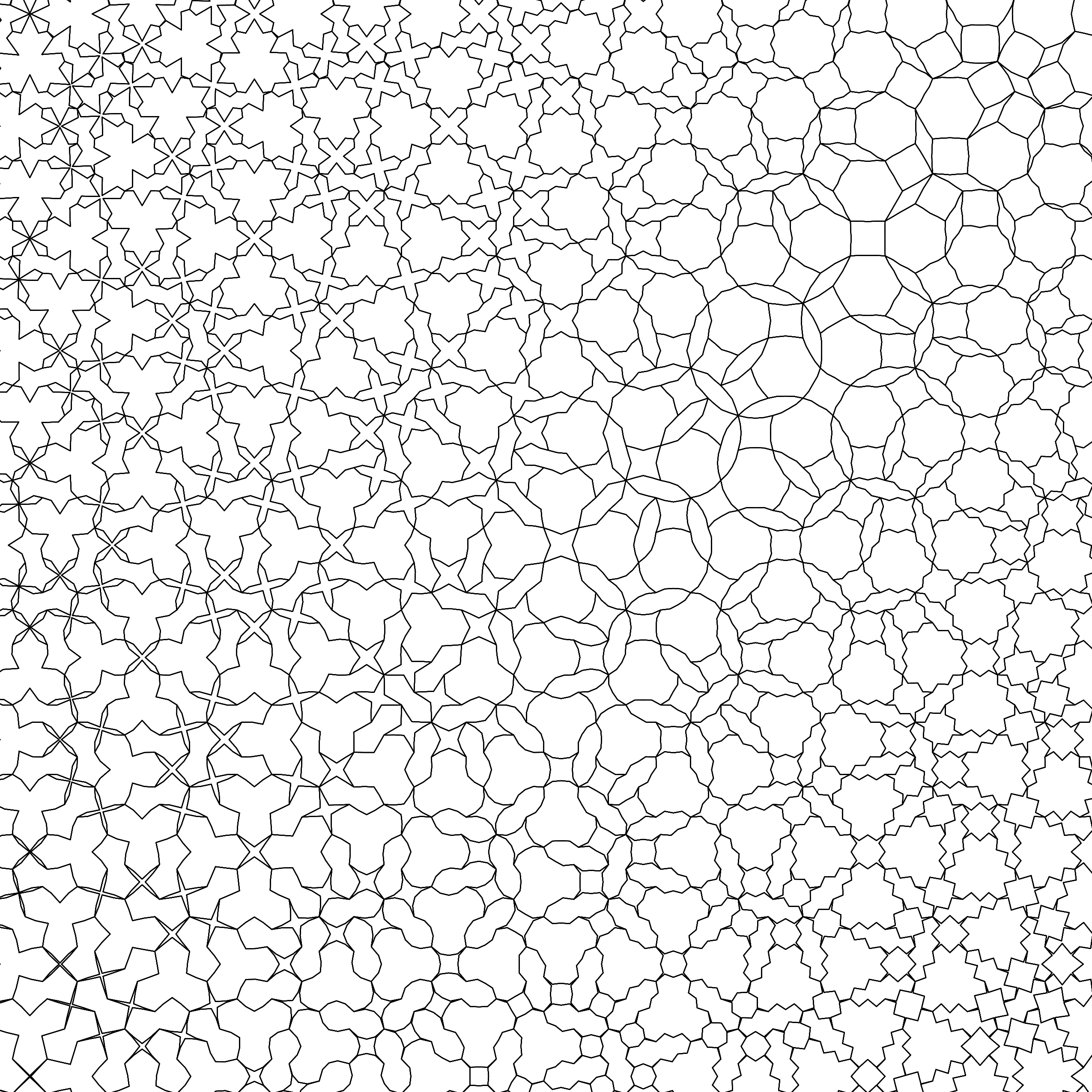 A deformation is a tiling in which the tiles slowly change while keeping the same underlying pattern. The earliest deformations, seen in the work of the Dutch mathematical artist M. C. Escher, morphed in a single dimension: from left to right, or from top to bottom. In this image, the deformation is two- dimensional. Edmund has created four different non-periodic tilings, one in each corner, that morph into each other from left to right and from top to bottom. Deformations are the nearest geometry gets to a “temporal” art form. You only get a feel for the pattern by following how the shapes shift across the page. Art copyright © Edmund Harriss.