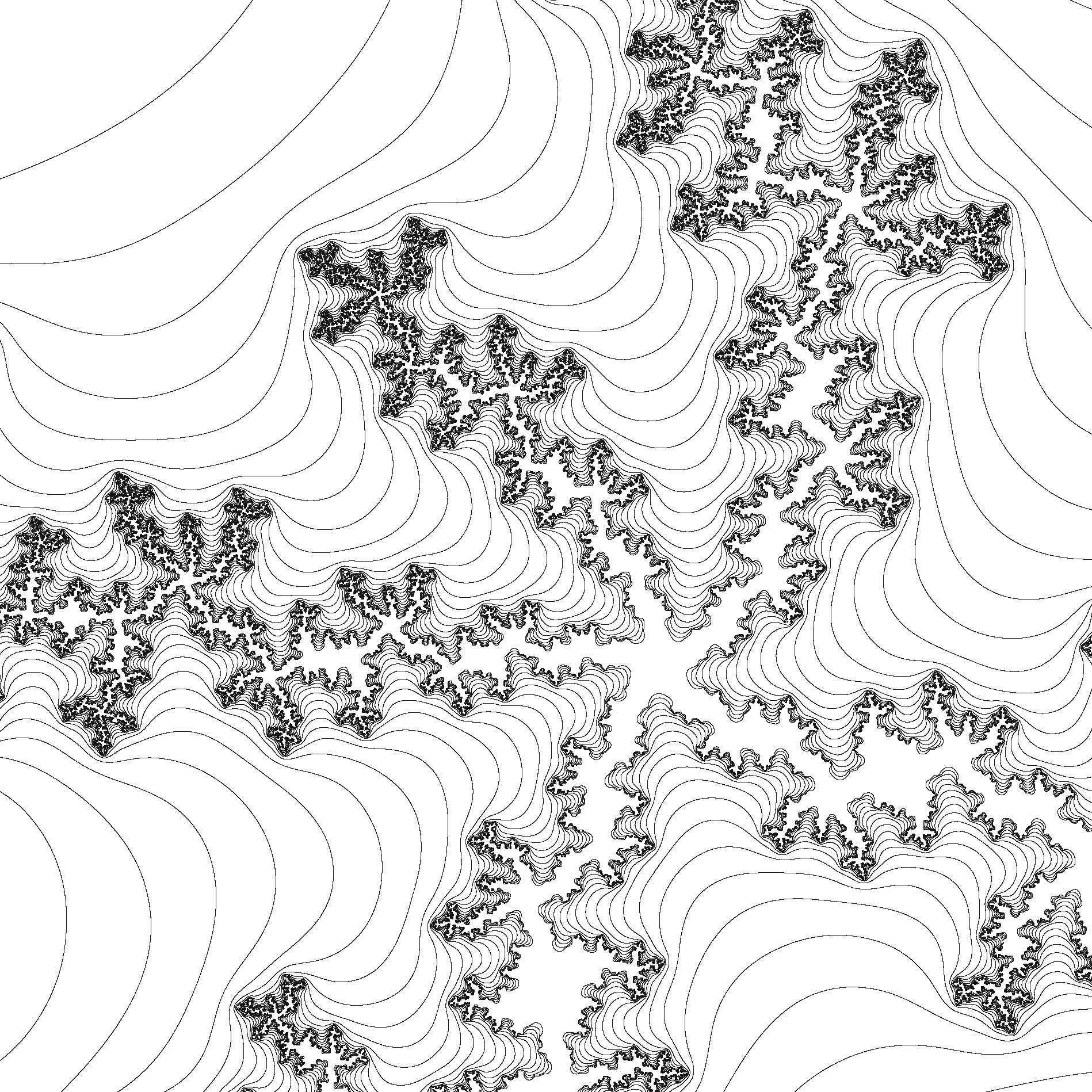 A detail of the Mandelbrot set, a fractal named after Benoit Mandelbrot, the French mathematician who investigated it in the 1970s. If you were to zoom in at any point on the intricate, wiggly line, the elaborate pattern would reappear infinitely. Art copyright © Edmund Harriss