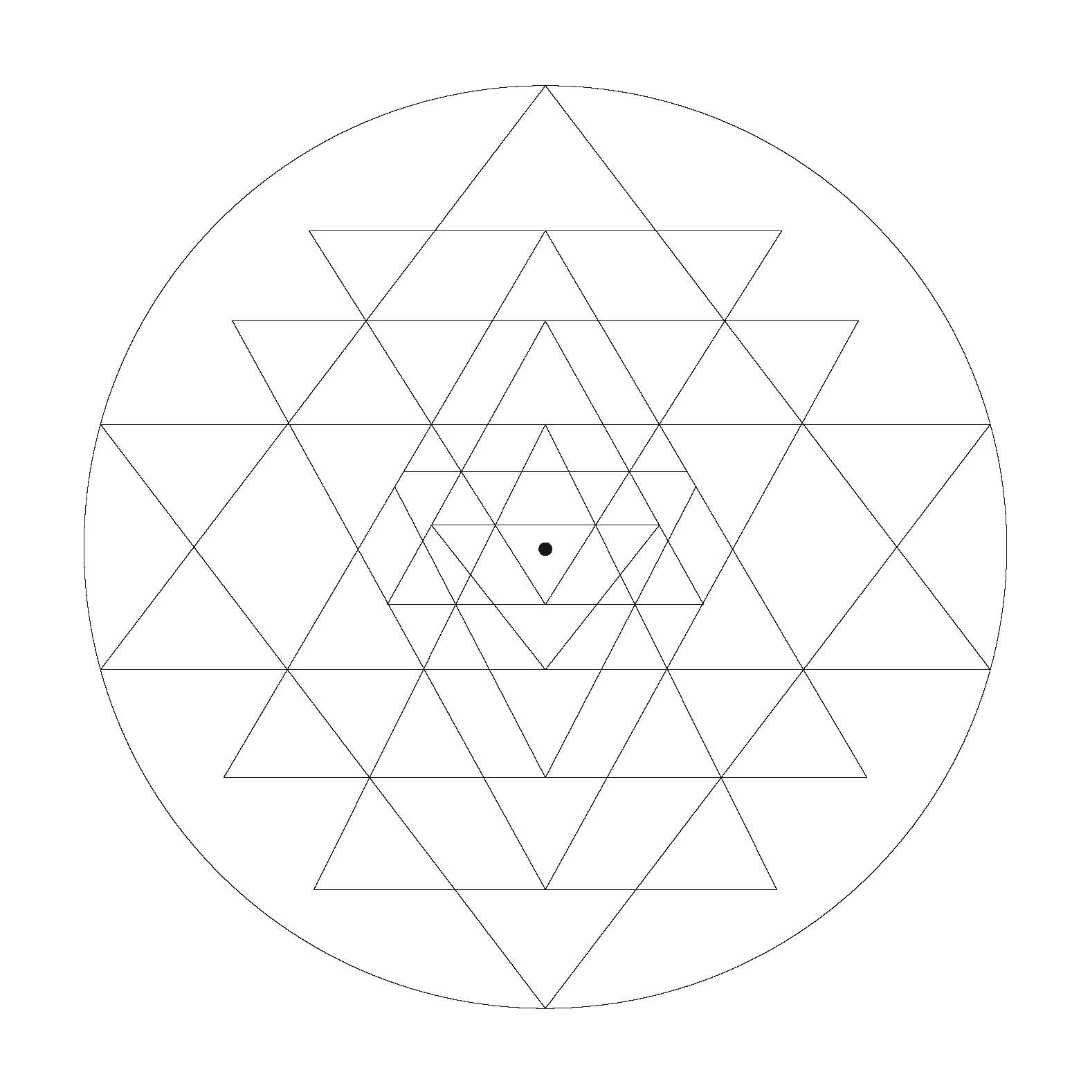 The best-known and most geometrically complex Hindu mandala: nine interlocking triangles with a dot, or bindu, in the middle. The Sri Yantra has many metaphysical interpretations and is used for meditation and worship. Art copyright © Edmund Harriss.