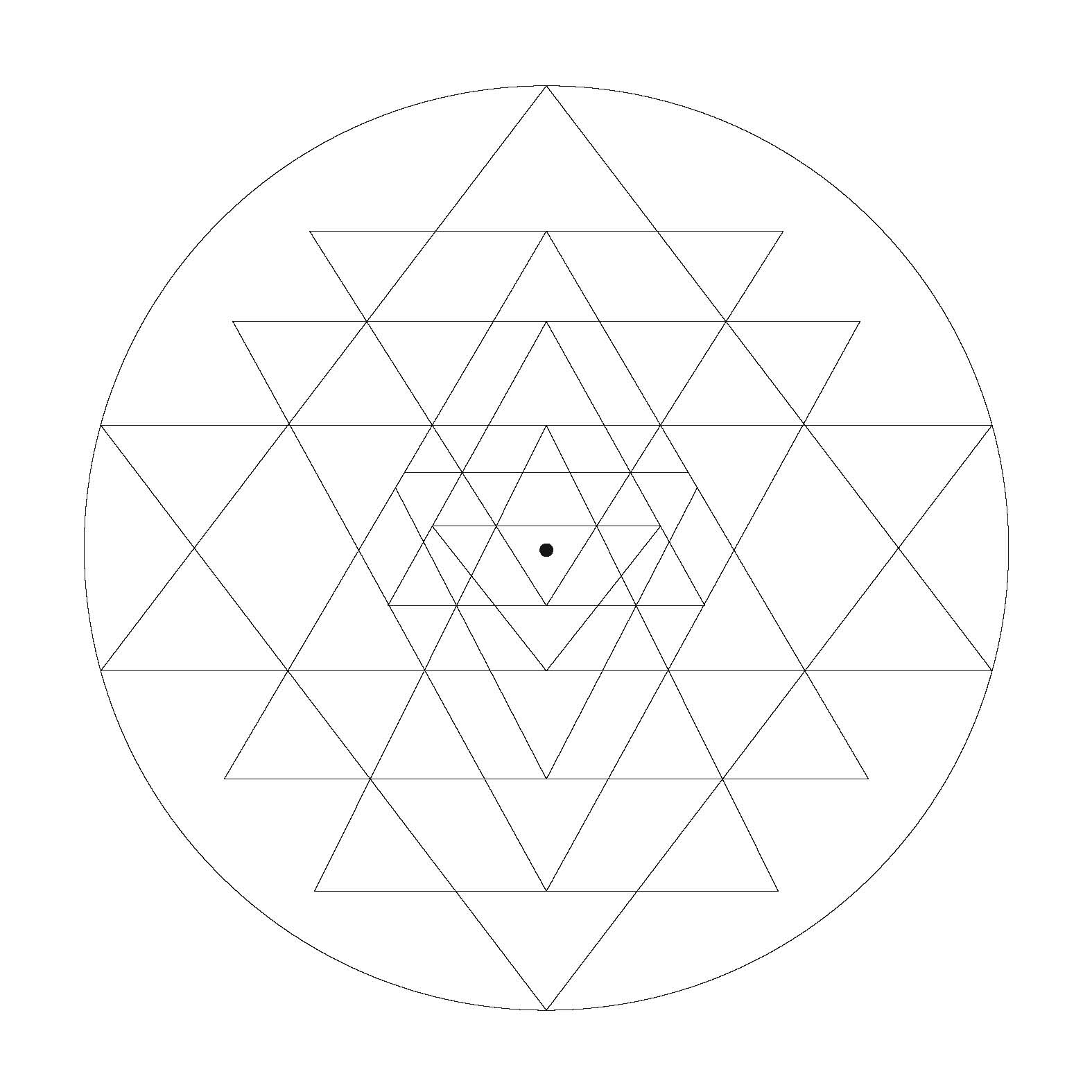 The best-known and most geometrically complex Hindu mandala: nine interlocking triangles with a dot, or bindu, in the middle. The Sri Yantra has many metaphysical interpretations and is used for meditation and worship. Art copyright © Edmund Harriss.