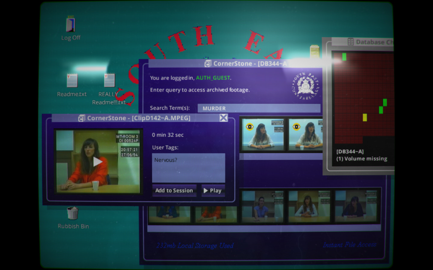 Screenshot from Her Story, a game in which you explore a fictional police video archive to determine “whodunit.” Image courtesy of Sam Barlow