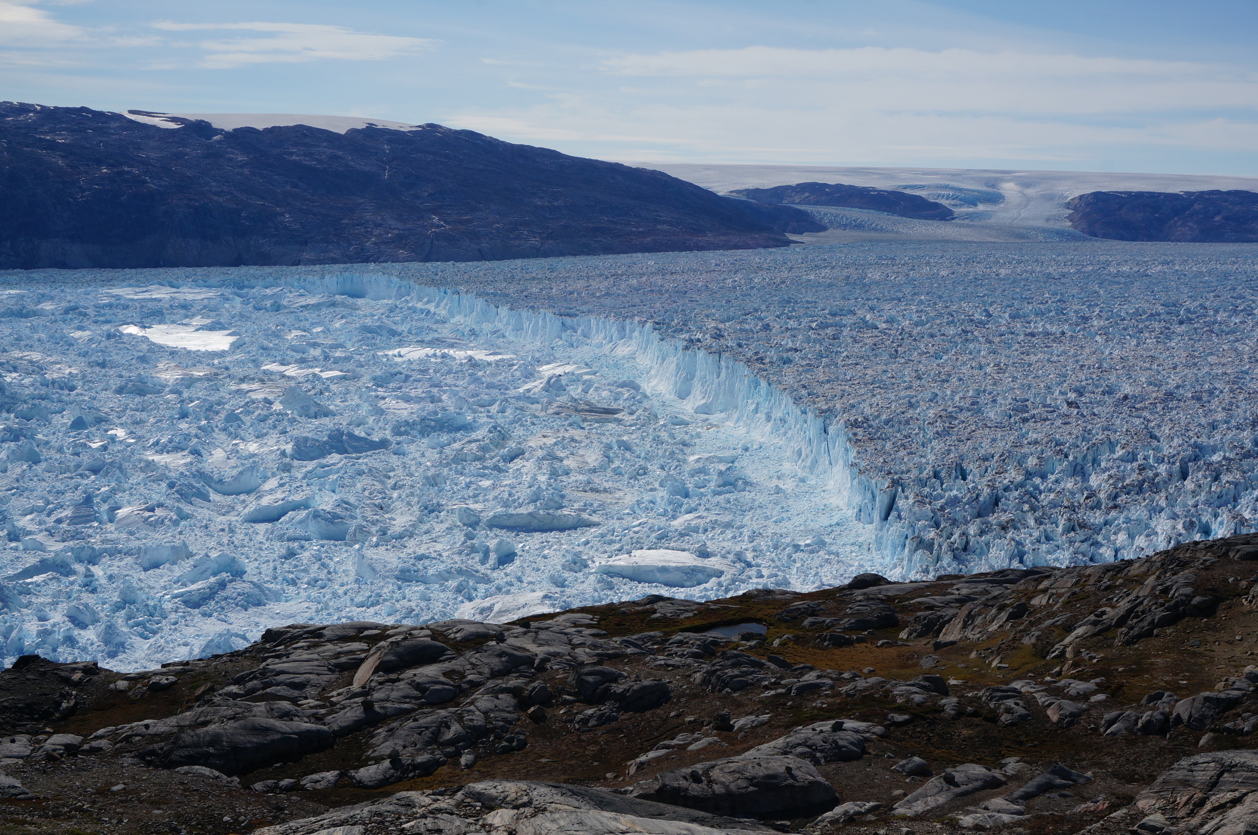 Ice cliff at the terminus of Helheim Glacier, Greenland in August 2014. Credit: Knut Christianson
