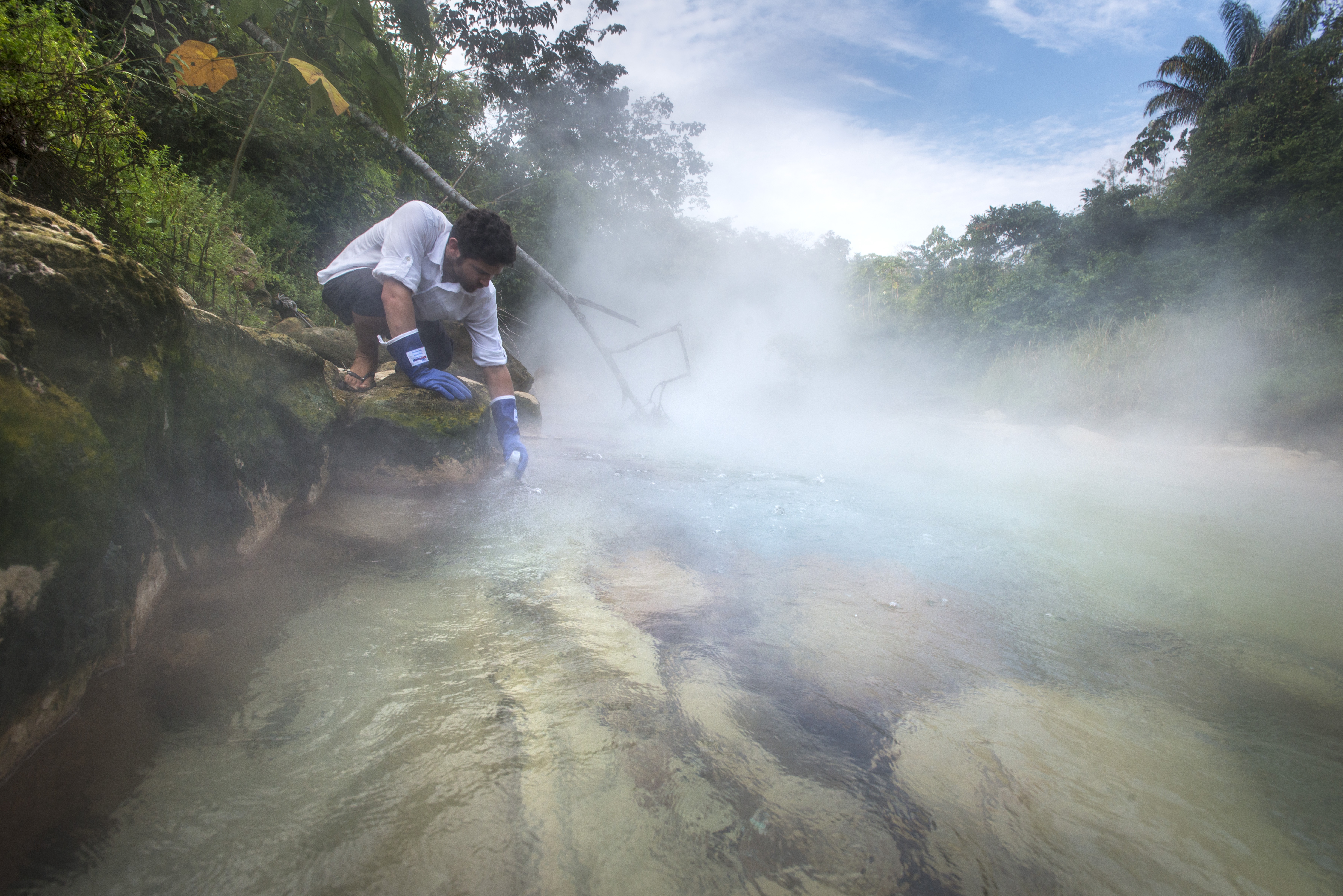 Andrés Ruzo sampling at the Boiling River. Photo by Devlin Gandy