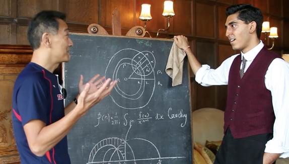 Ken Ono and Dev Patel rehearse a scene on the set of "The Man Who Knew Infinity," a biopic about Ramanujan, Photo by Sam Pressman