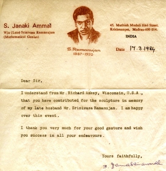 The letter Ken Ono's father received from Ramanujan's widow, Janaki Ammal, Courtesy of Ken Ono