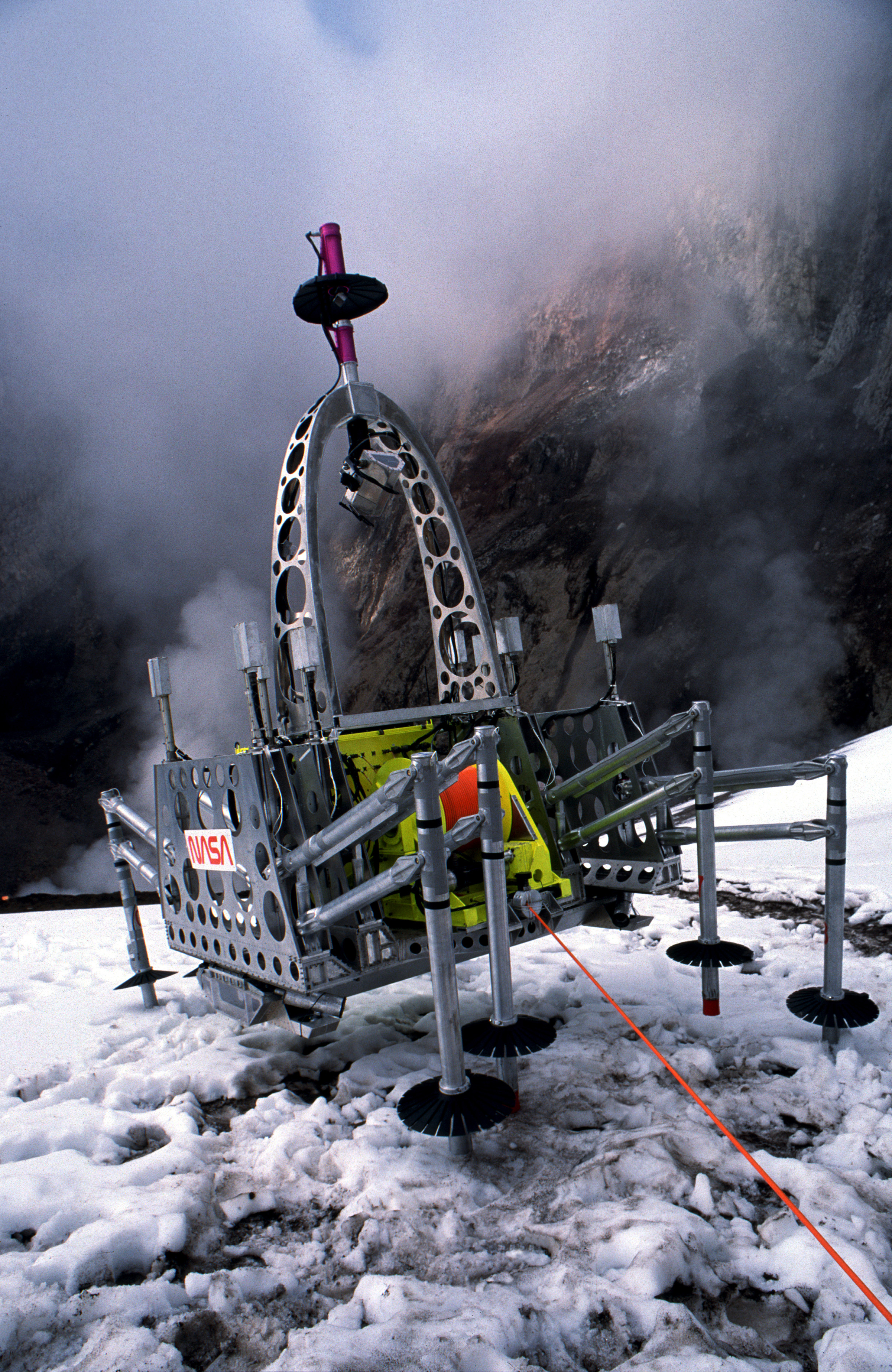 Dante II prepares to explore the Mt. Spurr volcano in July 1994. Credit: The Robotics Institute, Carnegie Mellon University