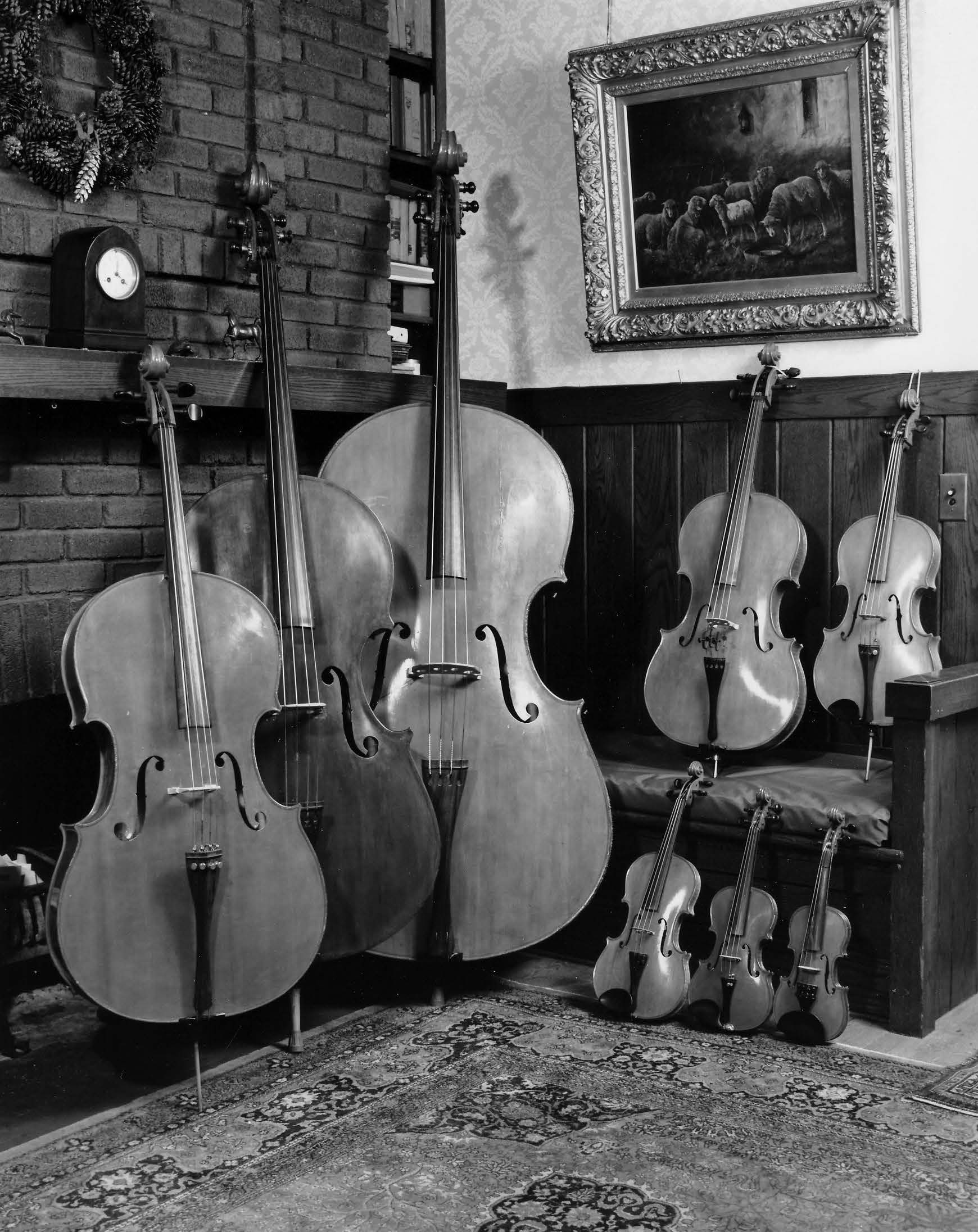 Carleen Hutchins' violin octet: a family of eight violins spanning the tonal range of a piano. Courtesy of the Hutchins estate