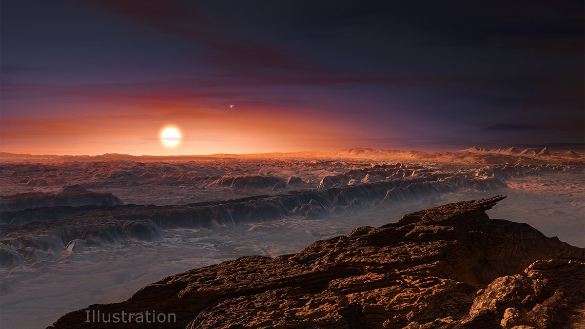 This artist's impression shows a view of the surface of the planet Proxima b orbiting the red dwarf star Proxima Centauri, the closest star to the solar system. The double star Alpha Centauri AB also appears in the image. Credit: ESO/M. Kornmesser