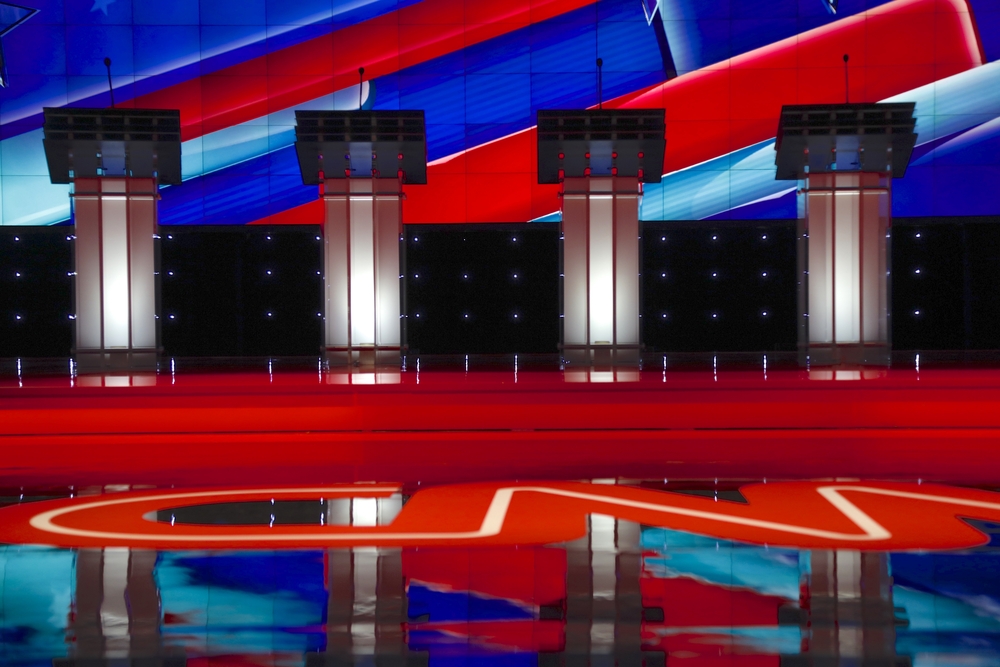 Empty debate podiums, from Shutterstock