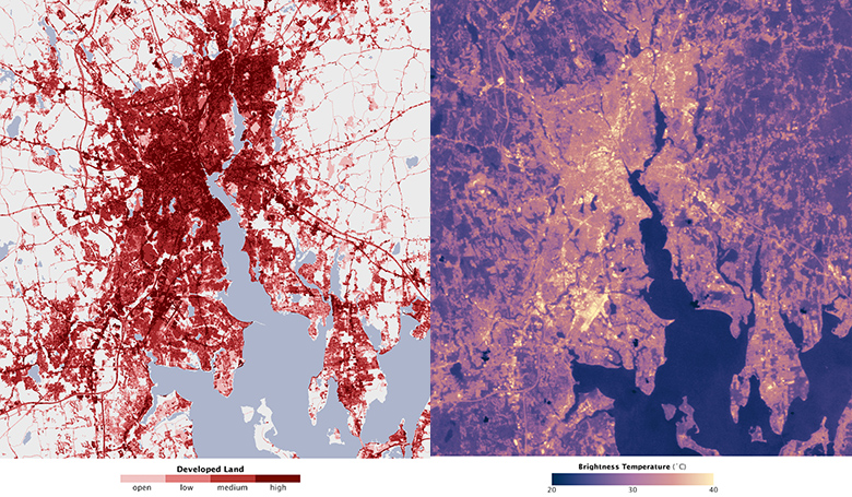 Satellite-produced maps of Providence and Buffalo highlight the role that differences in development patterns and vegetation cover can have on the magnitude of a city’s urban heat island. Though the two cities have the same approximate size, Providence has a significantly stronger heat island. Credit: NASA/Earth Observatory
