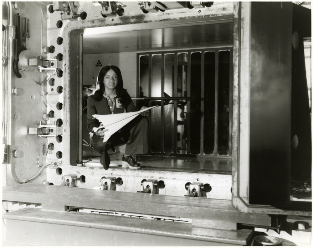 Engineer Christine Darden in the wind tunnel where she conducted tests of airplane designs for her research on sonic boom in 1975. Credit: NASA Lanley