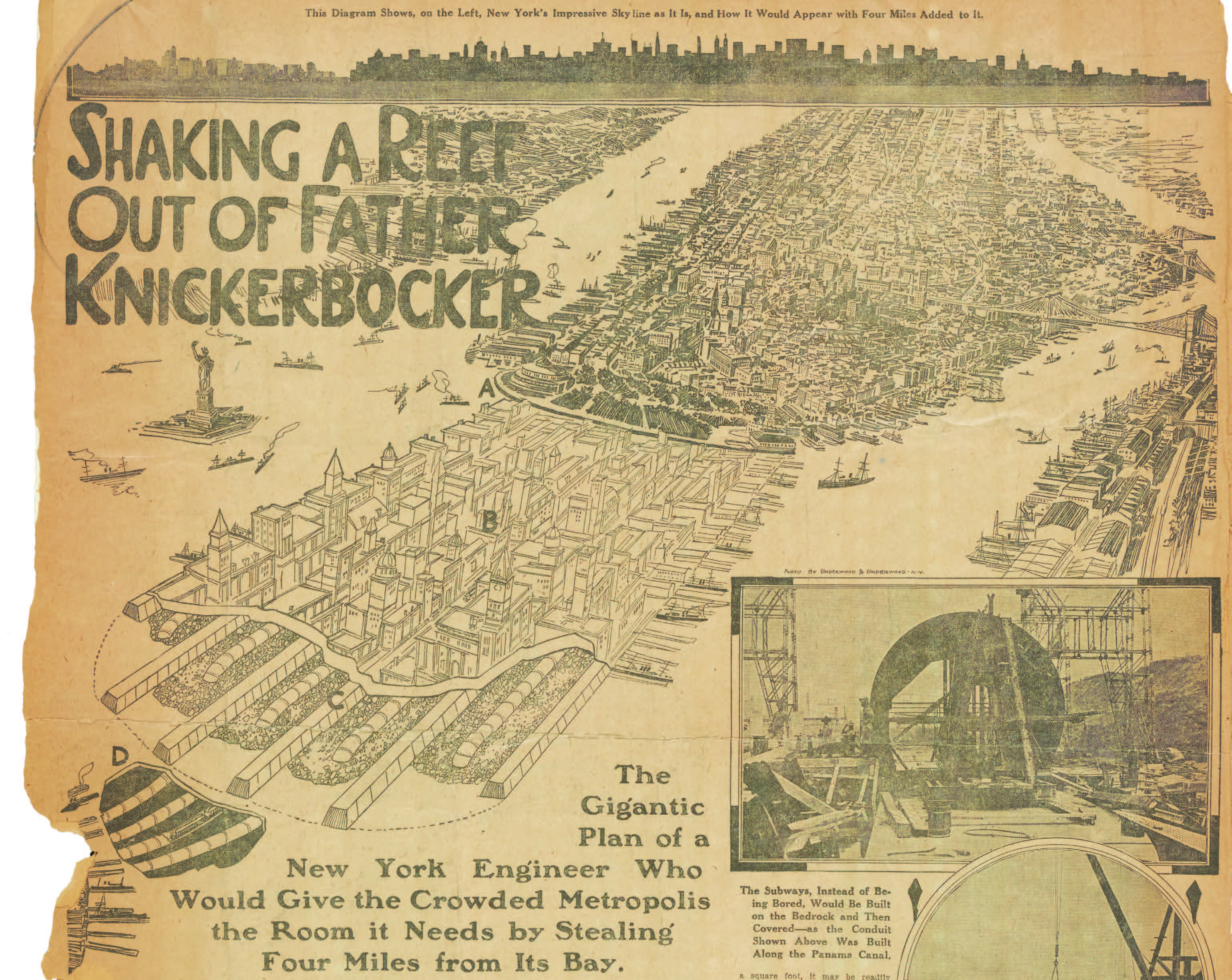 A plan to extend the island of Manhattan 50 square miles in the bay never came to be. Credit: Los Angeles Examiner, April 30, 1911