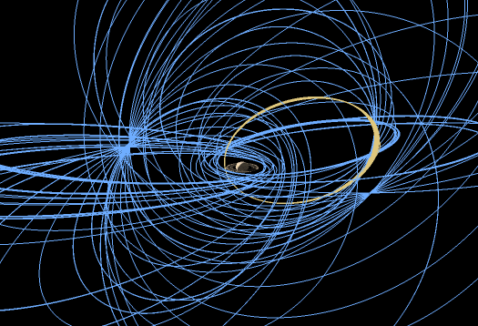 Cassini's ring-grazing orbits, which will take place from late Novemeber 2016 through April 2017, are shown here in tan. The blue lines represent the path that Cassini took in the time leading up to the new orbits during its extended mission. Image credit: NASA/JPL-Caltech/Space Science Institute