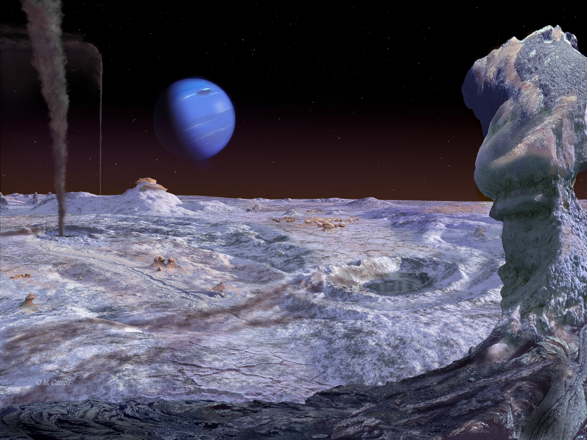 Neptune's moon Triton has nitrogen ice, which could have a pinkish tinge. Carroll created this image before his trip to Antarctica, but he says his observations could help with future depictions of the moon. 