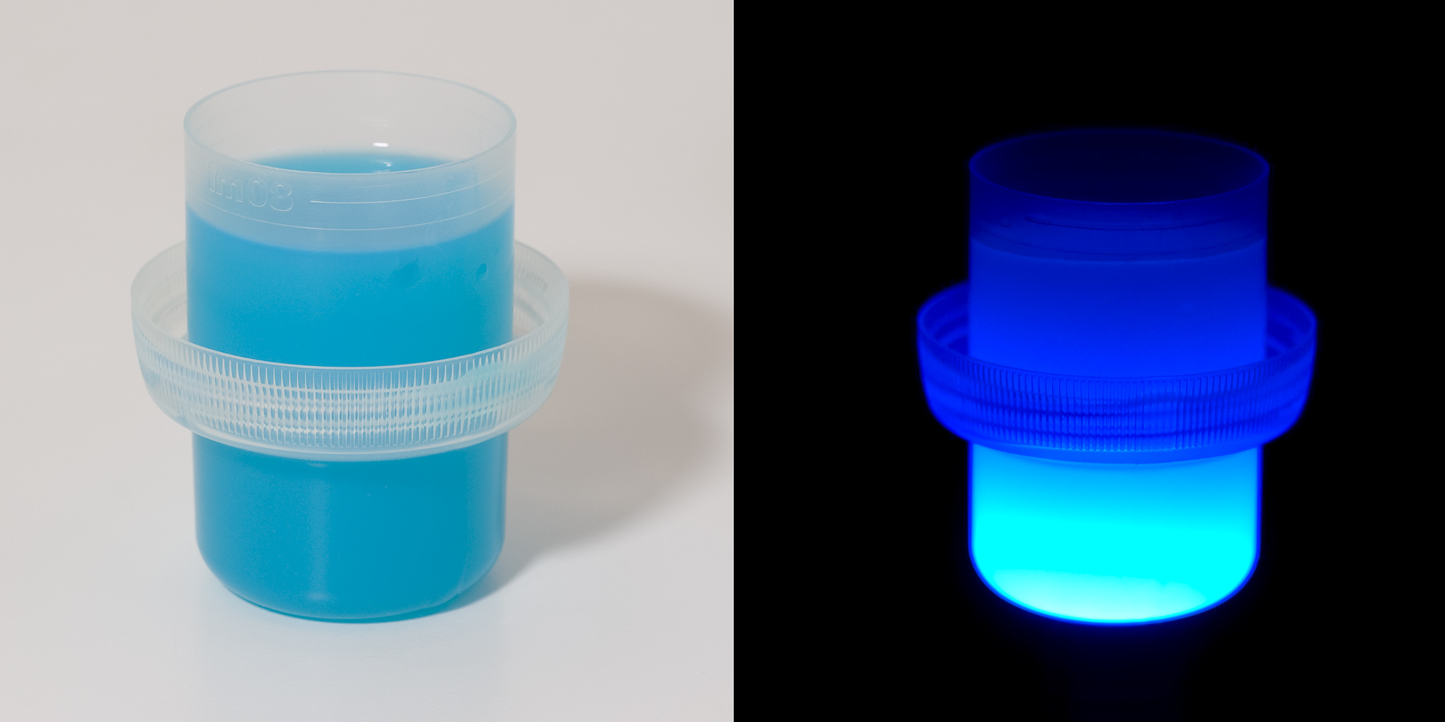 Liquid laundry detergent under ultraviolet light.