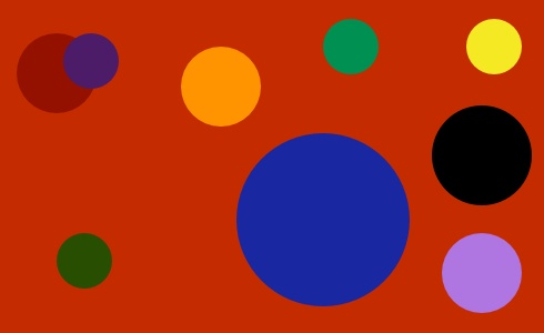 Blue, green, purple, yellow, black, and red circles on a red background.