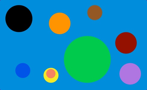 Blue, green, purple, yellow, black, and red circles on a blue background.