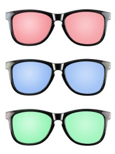 Three pairs of sunglasses. The top has red lenses. The middle has blue lenses. The bottom has green lenses.