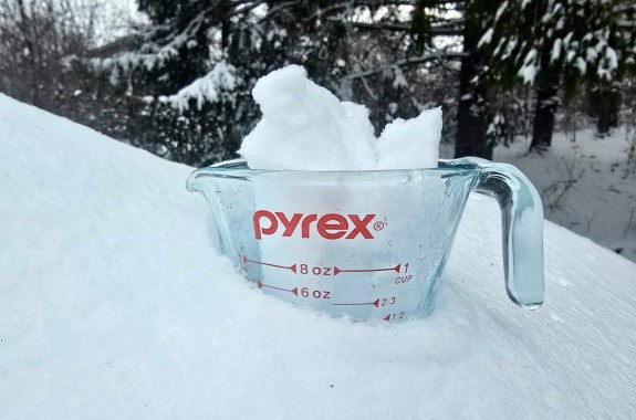 A glass measuring cup filled with snow sits in a mound of snow with snow covered trees background.