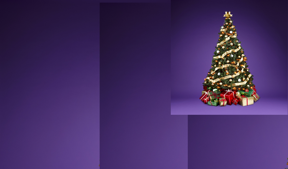 an illustration of a small christmas tree on a simplified purple table in a simplified purple room