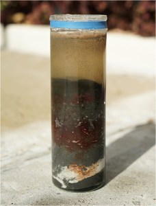 Mud and water in the column have settled into layers.