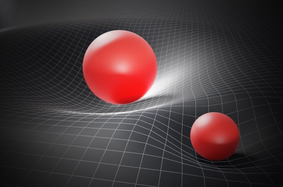 Gravity and general theory of relativity concept. Distorted spacetime caused by massive spheres. 3D rendered illustration.