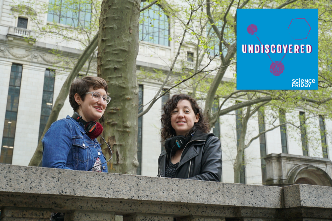 two women standing in park with headphones around their next with undiscovered podcast album art in corner