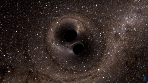 an illustrated animation of two black holes merging together