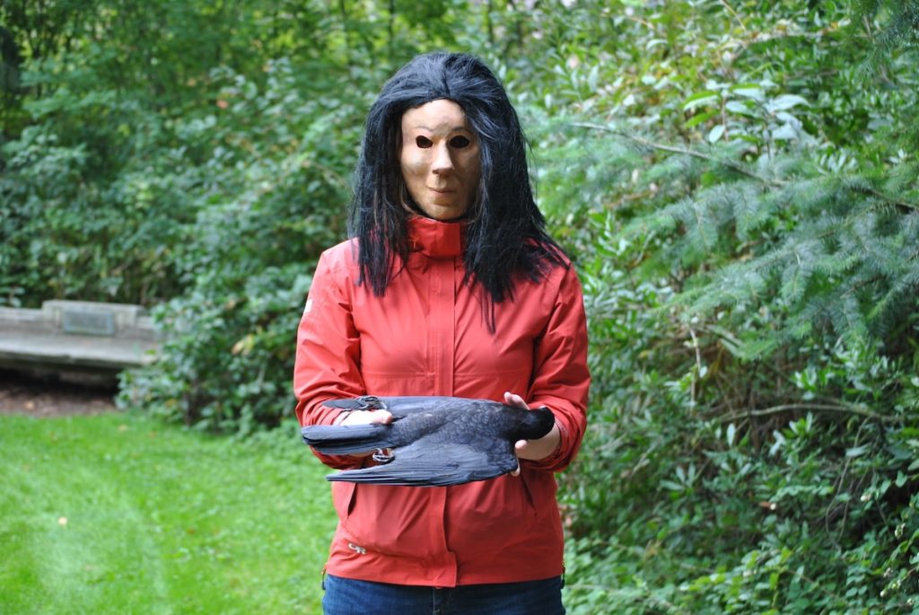 a masked researcher holding a dead crow