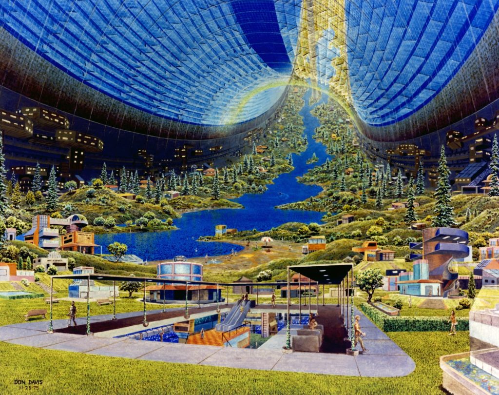 The interior view of a toroidal space colony