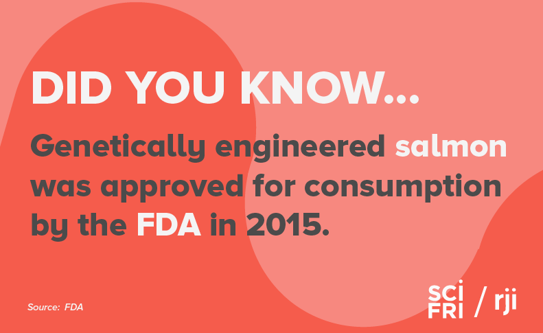 Card that says "did you know genetically engineered salmon was approved for consumption by the FDA in 2015."