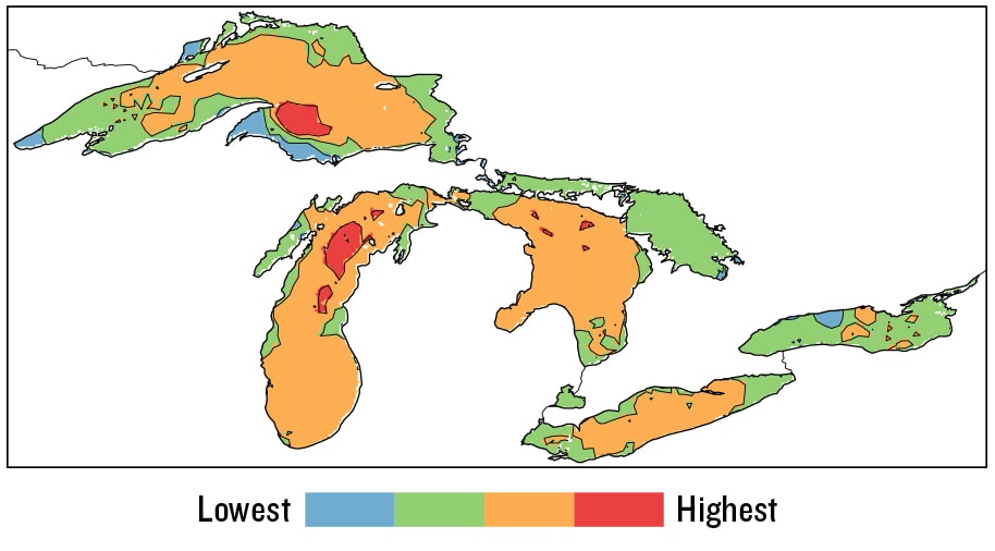 a colored graphic depicting mean wind speeds on the great lakes, red being the highest and blue being lowest