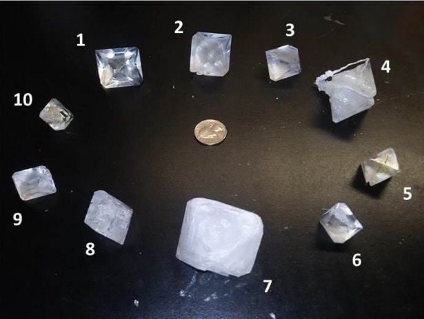 10 crystals of various shapes, sizes, and clarity arranged in a circle around a quarter