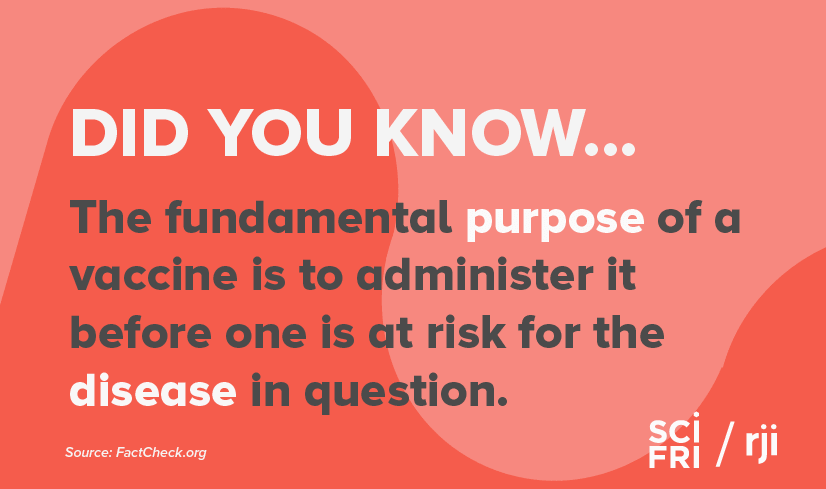 Card that says "did you know the fundamental purpose of a vaccine is to administer it before one is at risk for the disease in question."