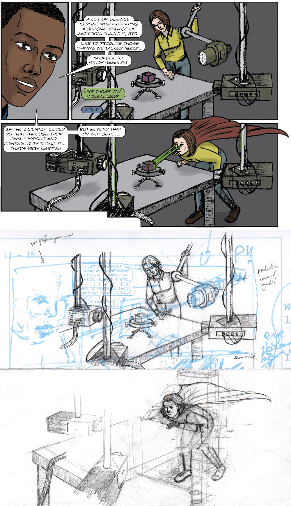 a finished panel from the graphic novel on top and a black and white sketch of the same panel below, depicting x-ray process using lasers