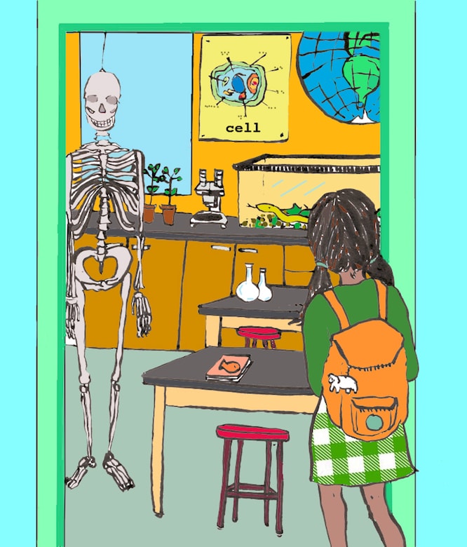 drawing of a student looking for her biology classroom