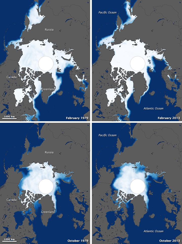 an aerial view mapping the amount of sea ice loss over time around Alaska