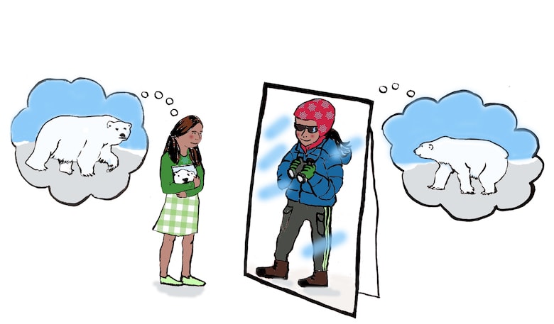 an illustration of a female student in front of a mirror and the reflection is of her as a polar bear researcher