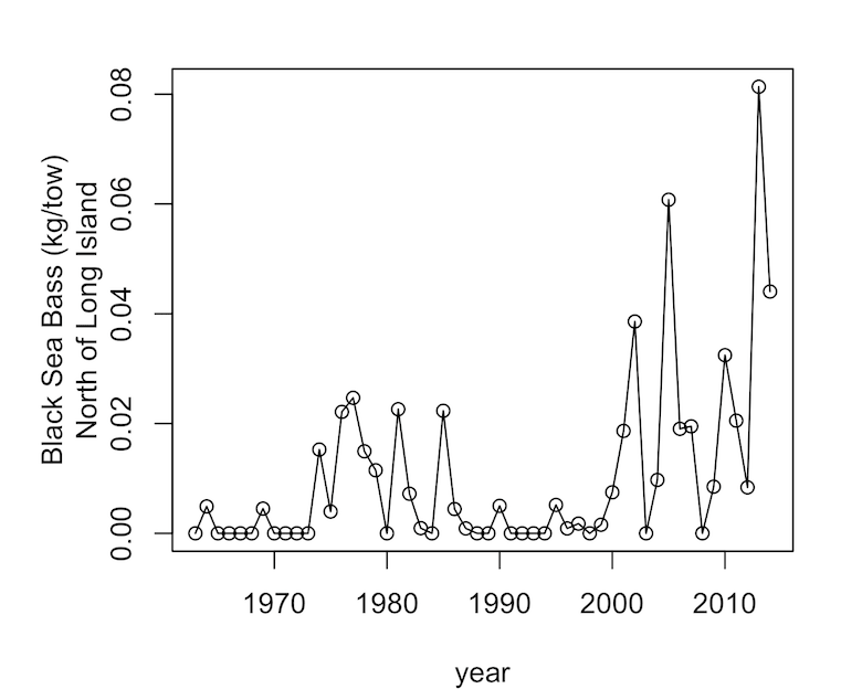 line graph of black sea bass north of long island (kg/tow) over years from 1970s to 2010s