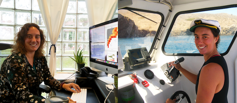 becca selden on the left is on a boat out in the field. the image on the right selden is in front of a computer looking at data
