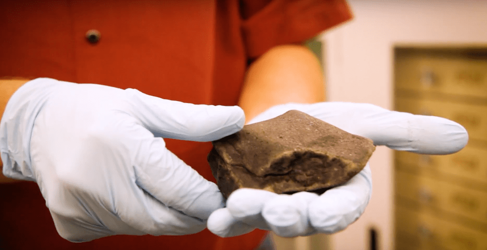 reddish meteorite held in gloved hands