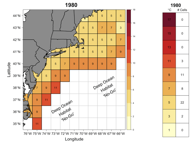 temperature map of the waters off the coast of new england in 1980