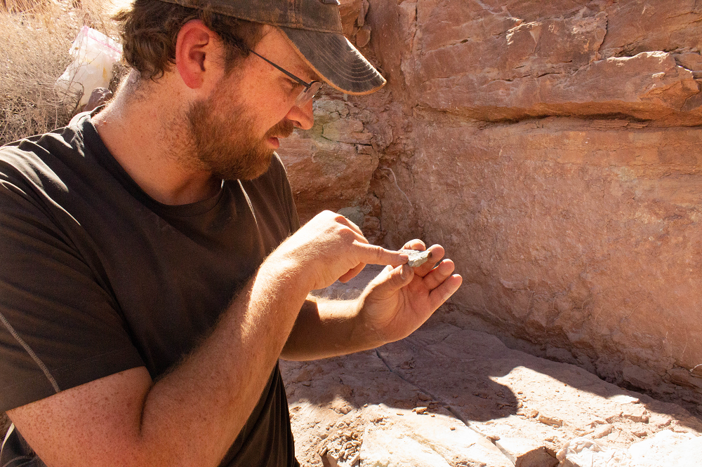 a man holding a rock in the desert pointing at little pieces of bone in it