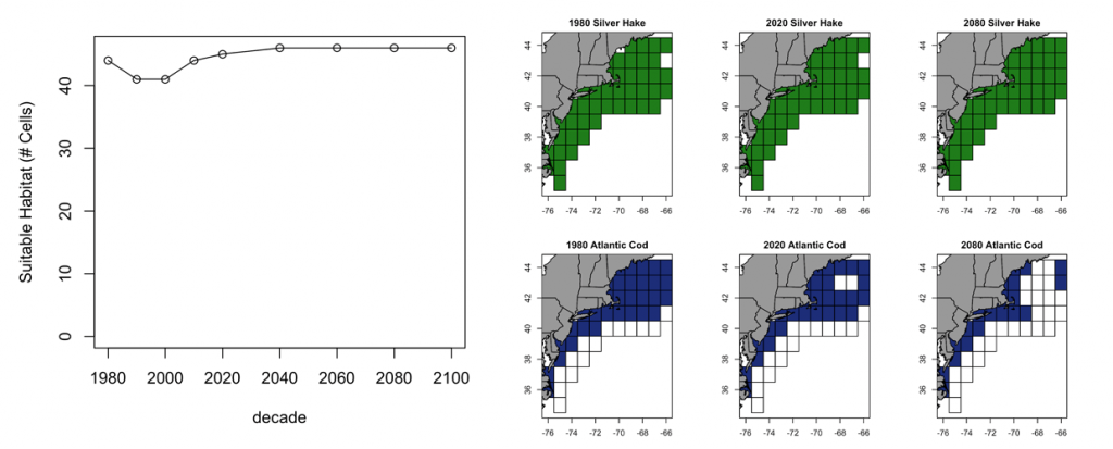 left, habitat availability for silver hake. right, silver hake vs atlantic cod habitat availability