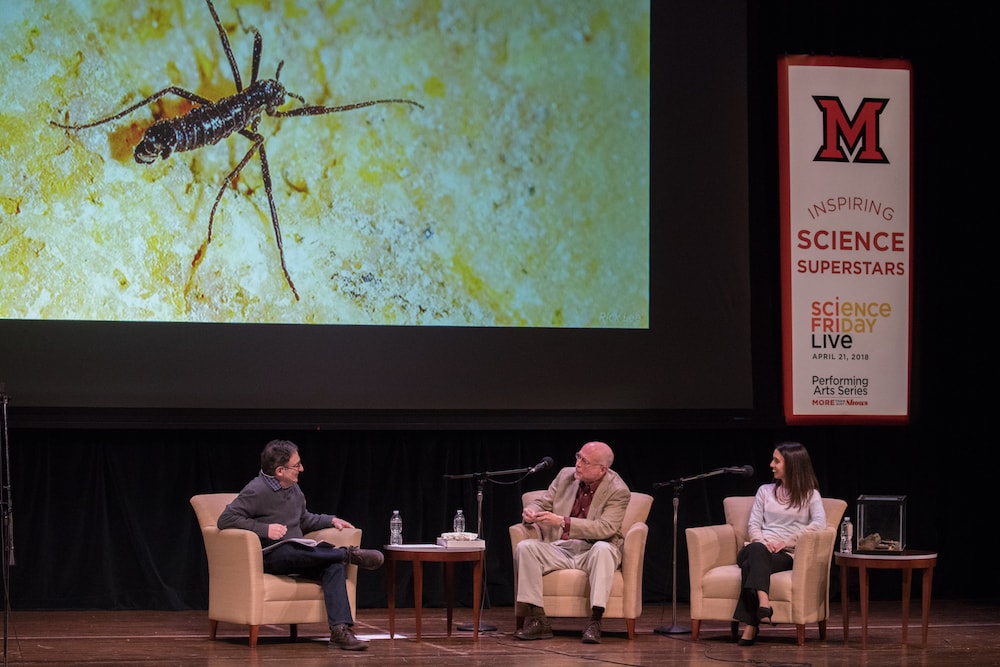 three people sitting in chairs on stage talking with a slide of a midge in the background