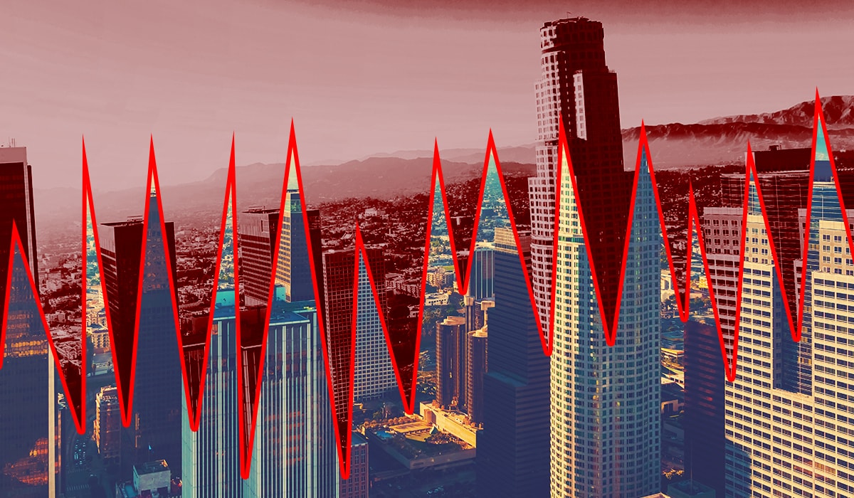 Graphic of Los Angeles skyline separated by earthquake