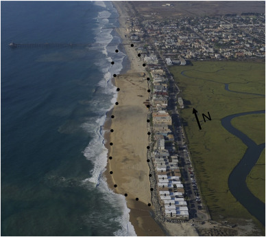 aerial view of beach with dots marking